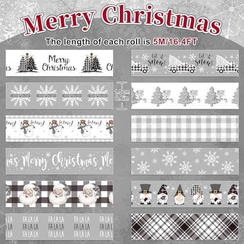 Whaline 12 Rolls Christmas Washi Tape Grey Farmhouse Washi Tape Assorted Xmas Masking Decorative Party Gift Paper Tape for DIY Craft Scrapbook Decor Party Favor Supplies