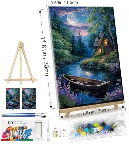 ATDMS Landscape Paint by Numbers Kit for Adult with Easel DIY Cabin Paint by Number with Frame Lake House Digital Oil Painting Kits for Wall Hanging Home Room Decor 7.87x11.81 Inch