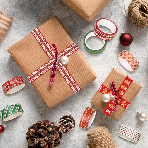 Whaline 12 Rolls Christmas Washi Tape Xmas Gingerbread Man Candy Cane Decorative Masking Tape for Christmas Scrapbook Journal DIY Art Craft Gift Wrapping