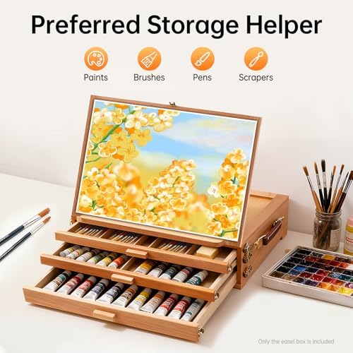 Large Adjustable Tabletop Easel with 3 Storage Drawers & Palette, Portable Solid Beech Wood Sketch Box Art Station for Painting, Desktop Travel Easel for Adults, Artists, Students,Beginners