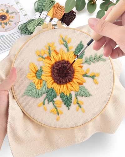 ERKOON Punch Needle Kit Beginners Adults, DIY Easy Flower Embroidery Set for Starter Art Craft, Needling Punching Project with Patterns, Tools, Yarns, Hoop, Instruction (Yellow Flowers)