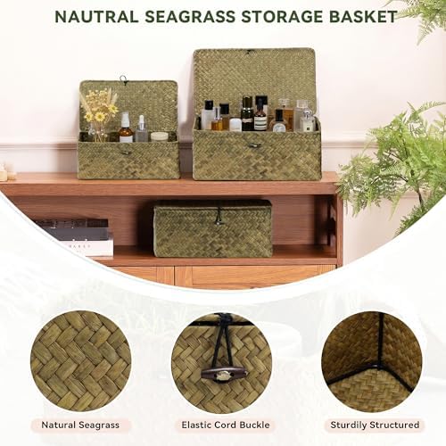 Nonam Seagrass Storage Basket with Lid, Set of 3, Dark Moss Green