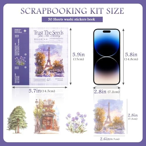 RISYPISY 388pcs Landscape Theme Sticker Book Washi Stickers for Journaling | 50 Sheets of Ephemera Stickers for Junk Journal, Scrapbooking, Planners & Collage Crafts