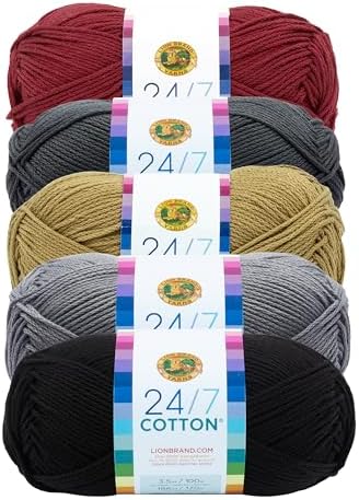 Lion Brand Yarn, 24/7 Cotton Mercerized Lightweight Yarn for Knitting, Crochet, and Crafts, Pocket Square, 5 Pack, Multicolor Pack of Natural Fiber for Breathable Tops, Durable Bags, and Dish Cloths