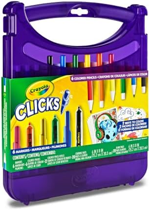 Crayola Clicks Art Set for Kids, Retractable NoDry Tips, Travel Activity Kit with Washable Markers, Pencils, Refills & Paper, Gift for Kids, Ages 4+