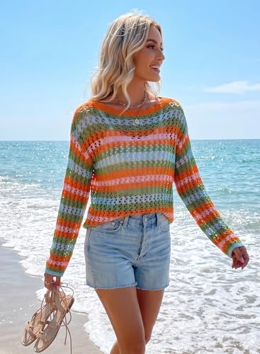 EVALESS Crochet Tops for Women Long Sleeve Hollow Out Knit Sweaters