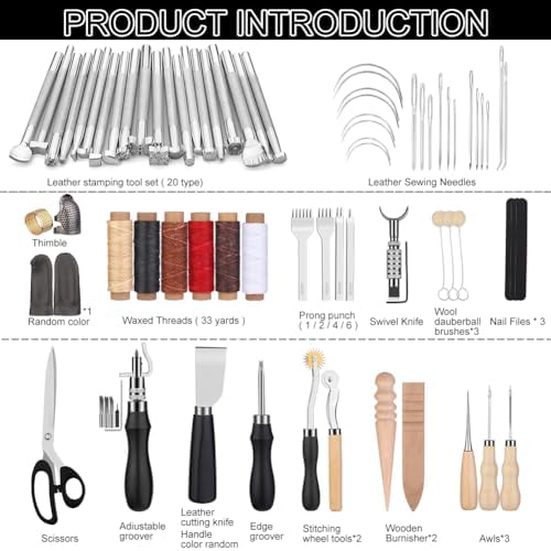TLKKUE Leather Working Tools Leather Craft Tools for Carving Stamping | Sewing Punching Cutting with Custom Storage Bag Professional Tooling Kit for Crafting, Repair & DIY Projects