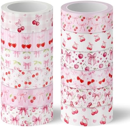 JarThenaAMCS 12 Rolls Pink Bow Washi Tape Cherry Bowknot Decorative Masking Tape Set Coquette Wrapping Paper Tapes for Valentine's Day Scrapbook Journal DIY Art Crafts