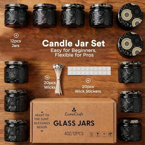 LumaCraft Luxury Embossed Glass Candle Jars for Making Candles - 12 Pack 4oz Empty Candle Containers with Airtight Metal Lids, 20 Wicks & 20 Stickers, Colored Glass Jars for Gifts & Decor