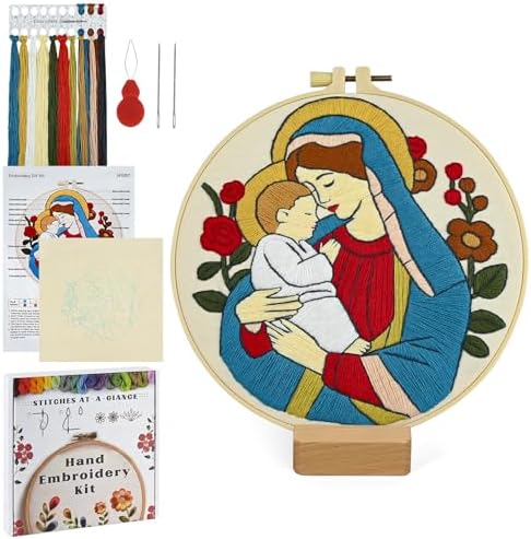 Christian Embroidery Kit for Beginners Adults, Virgin Mary Easy Cross Stitch Kit Jesus and The Holy Mother Mary Pattern Embroidery Starter Kits with Wooden Hoop Needles Threads and Instruction