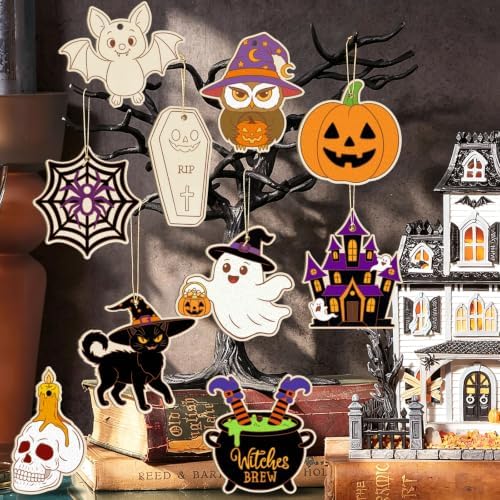 80PCS Wooden Halloween Ornaments to Paint Fall Decorations Crafts for Kids, 10 Styles DIY Blank Autumn Unfinished Skull Pumpkin Ghost Bat Boo Witch Feet Spiderweb Halloween Cutouts for Party Hanging