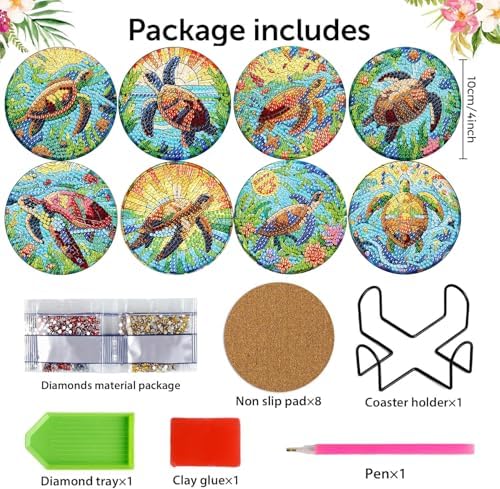 Diamond Art Coasters Kit, 8 Pieces Sea Turtle Diamond Painting Coasters Kit