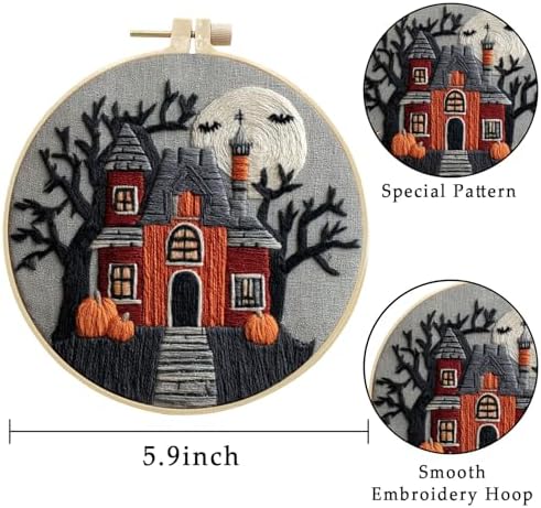 LB 4-Pack Halloween Castle Embroidery Kit for Beginners: Fall Pumpkin and Black Tree Bat Cross Stitch Kit | Adults DIY Starter Kit Includes Embroidery Hoop, Colorful Threads, Tools and Instructions