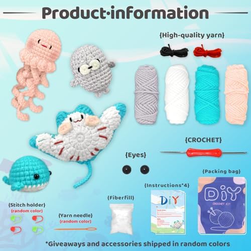 YAMAXIN Crochet Kit for Beginners – Ocean Animal Amigurumi DIY Yarn Kit with Step-by-Step Instructions, Tools & Soft Yarn – 4 Pack Crochet Kit Gift for Adults