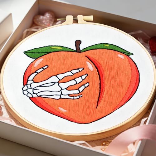Hand Bone Embroidery Kits for Beginners Adults, Peach Embroidery Starters Kits, Halloween Stamped Cross Stitch Kits DIY Needlepoint Kits for Beginners Adult, Embroidery Hoop, Thread and Video Tutorial