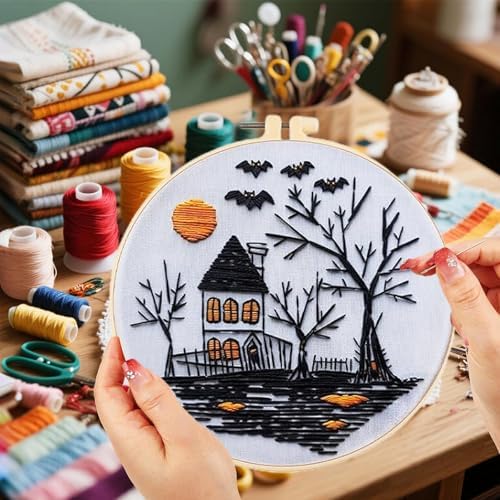 Floral Witch Hat Embroidery Kit Halloween Cross Stitch Material Set with Bat Skull Flower Pumpkin Patterns, DIY Hand Needlepoint Embroidery Craft Kit for Beginners Professional (Haunted House)