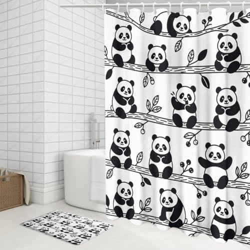 Abstract Kawii Baby Panda Shower Curtain Sets 4 Piece,Cartoon Spring Forest Bamboo Trees Bathroom Decor Sets with Rugs,Cute Animal Panda Bears Waterproof Toilet Lid Cover Bath Mat