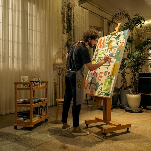MEEDEN Extra Large Painting Easel: Holds Canvas Up to 71" for Art Studio | Solid Beech Wood Heavy Duty Artist Easel for Adults Beginner Painters, Professional Painting Easel with Tilts Flat, Natural