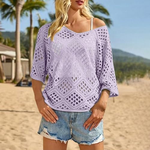 Bohemian Crochet Tops for Women 3/4 Sleeve V-Neck Open Knit Pullover Beach Cover Ups Hollow Out Boho Vacation Blouse