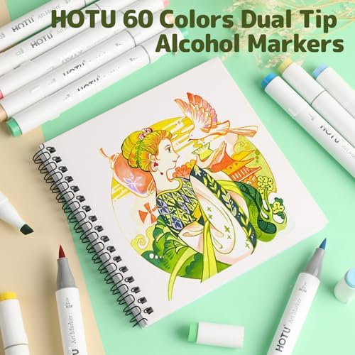 HOTU Alcohol Markers Brush&Chisel Tip 60 Color for Adults Coloring Beginner | Dual Tips Art Markers Pens, Alcohol-based for Artists Drawing Illustration Sketching, Non-Bleeding Pad-CPC Certificated