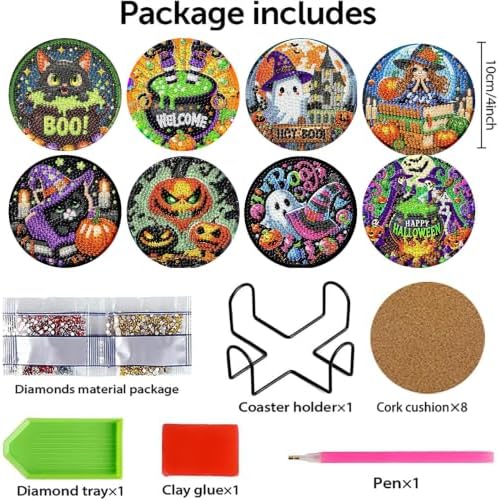 8 Pcs Diamond Art Coasters Kits for Adults,Halloween Diamond Painting Coaster Kits with Holder,Gem Art Paintings Crafts Supplies for Home Decor
