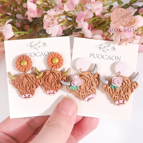 Puocaon Sunflower Highland Cow Earring Cutters - 9 Pcs Sunflower Highland Clay Earrings Making Kit Dairy Cow Animal Stud Clay Cutters for Jewelry Making