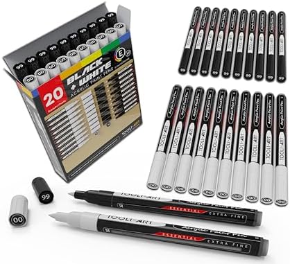 TOOLI-ART Black And White Acrylic Paint Markers Paint Pens Set For Rock Painting, Canvas, Mugs, Metal, Glass Paint, Fabric, Wood, DIY. Non Toxic, Quick Dry,Waterbas (EXTRA FINE)