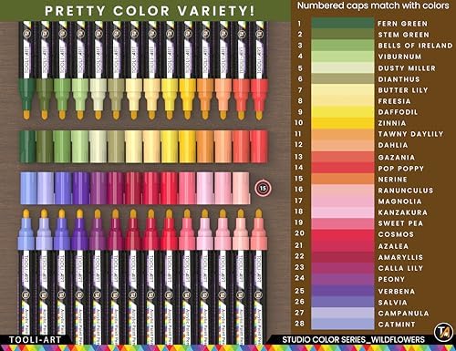 28 Wildflower Colors Acrylic Paint Pens Studio Color Series Markers Set 3mm Medium Tip, Rock Painting, Glass, Mugs, Wood, Metal, Canvas, DIY Projects, Detailing. Non Toxic, Waterbased, Quick Drying