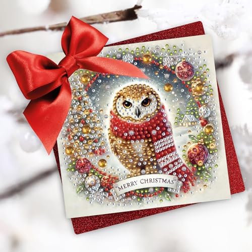 6Pcs Christmas Greeting Card DIY Diamond Art Painting Greeting Cards Blessing Folding Card Kit with White Envelopes Diamond Arts Crafts for Birthday Festival Gift-Owl