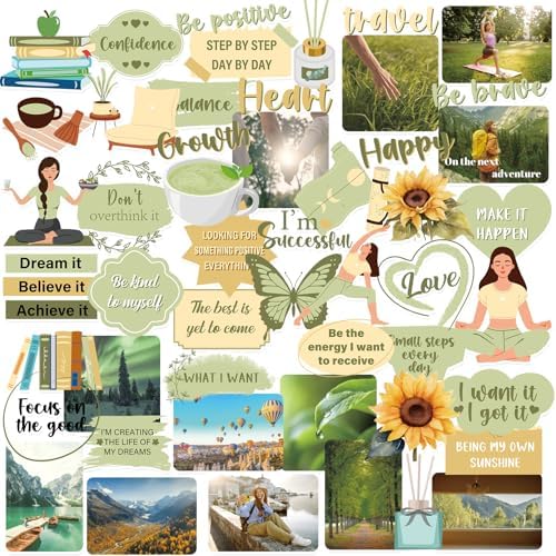 50 Pcs Vision Board Stickers for Women, Positive Affirmation Stickers for Vision Board Supplies Kit, Inspirational Quote Journey Decal Sticker for Adults Planner Accessories (Green Yellow)