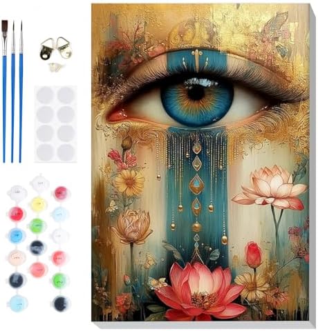 Bowetile Framed Paint by Numbers Eye Kit for Adults Beginners, Adults' Paint-by-Number Kits on Canvas, Painting by Numbers Lotus, Acrylic Vintage Number Painting for Home Wall Decor, 8x12in