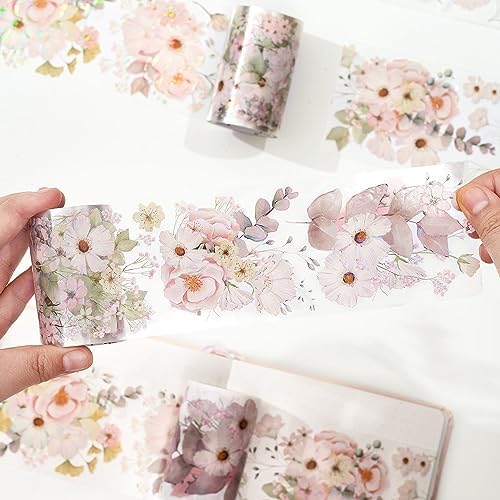 WT Blush Wide PET Tape, Single Roll, Original Designs, Watercolor Pink Floral Decorative Tape, Transparent Adhesive for Journaling, Scrapbooking, Bujo Planner DIY Craft Supplies