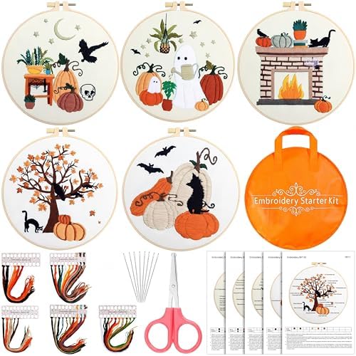 Yuxung 5 Sets Embroidery Kit for Beginners Adult Fall Thanksgiving Embroidery with Pumpkin Maple Leaf Pattern DIY Starter Needlepoint Kit with Embroidery Hoop Thread Needle for Halloween Craft Lover