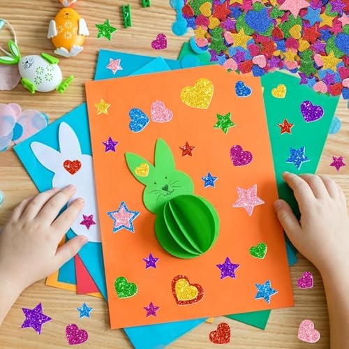 1000 PCS Glitter Foam Stickers, Foam Heart and Star Stickers, 8 Colors