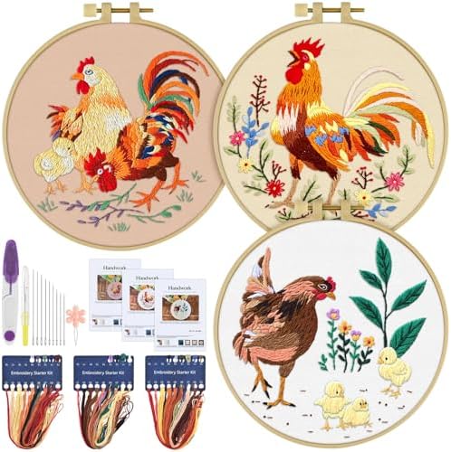 ERKOON 3 Sets Embroidery Kit, Floral Cross Stitch Set for Include Embroidery Cloth Hoops Threads for Craft Lover Hand Stitch (Rooster)