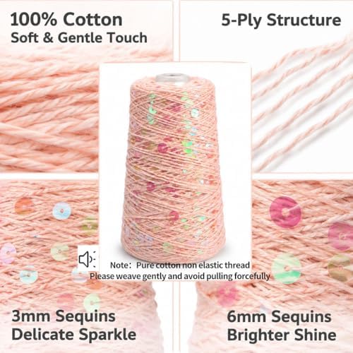 1100Yards Sequin Cotton Yarn for Crocheting Knitting, Sparkle Crochet Thread – 100% Cotton 5-Ply with 3mm 6mm Sequins,Paillettes Yarn for Scarves, Shawls, Sweater DIY Crafting
