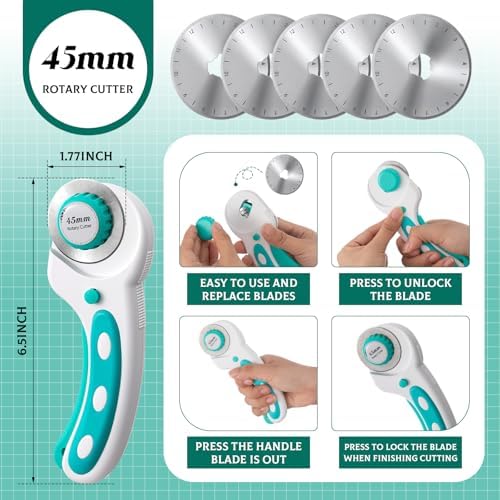 Lasnten Rotary Cutter Set 18 x 24 Inch Folding Extra Large Self Healing Cutting Mat, 45mm Fabric Cutter, 5pcs Rotary Blades, Acrylic Ruler, Knife Set for Sewing, Crafting, Patchworking, Art, Clay
