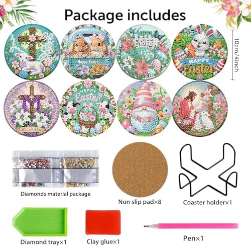 NEGEKFKX 8 Pcs Easter Diamond Art Painting Coasters Kits,Christianity Coaster with Holder for Adults, Non-Slip DIY Dot Paint Craft Kits,5D Full Drill DIY Diamond Dot Gem Art Kit Home Decor Arts Craft
