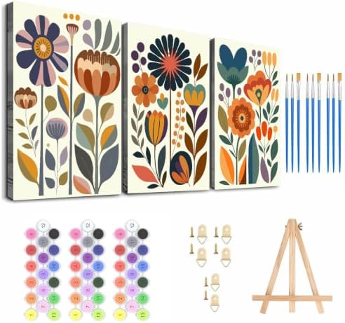 3 Pack Framed Paint by Numbers Kit for Adults, Flowers Paint by Numbers