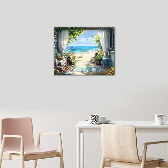 TUMOVO Paint by Numbers Kit for Adults, Adult Paint by Number - Cozy Seaside Cottage with Open Window, Serene Ocean View Landscape Art, Painting by Numbers Canvas, 16x20 Inch(Framed)