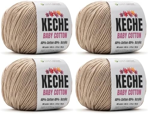 Keche Cotton Yarn, 60% Cotton 40% Acrylic Yarn, Soft Cotton Yarn for Crochet and Knitting, Amigurumi Yarn 4 Skeins/Balls [1.76 Oz (50g) / 180 Yrds (165m)] x 4 - Sand