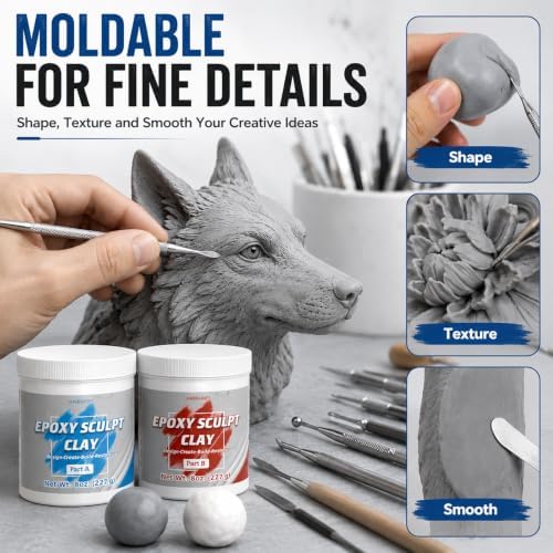1 lb White Epoxy Putty Sculpt Clay, 2 Part Self Hardening Modeling Clay | Two-Part Epoxy Sculpting Clay That Self Hardens for Modeling, Sculpting and Repairing Metal, Wood, Ceramic, Tile and Plastic.