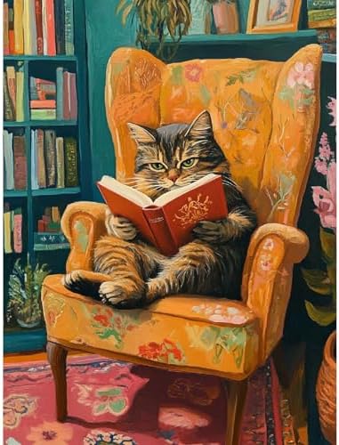 Canrichshop Reading Cat Paint by Numbers Kit for Adults,Painting by Numbers,DIY Acrylic Paint Kit for Adults Beginners Without Frame,Easy Adult Paint by Number Kits on Canvas for Decor 16x20inch