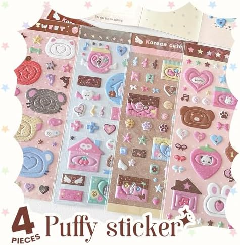 4 Sheets 3D Puffy Stickers, Kawaii Cartoon Stickers Cute Animals, Desserts, Music Pink Aesthetic Foam Stickers for Scrapbooking, Journaling, DIY Crafts, Laptop & Water Bottle Decor