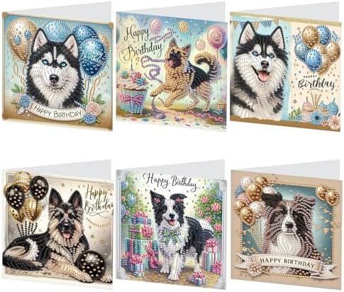 6 Packs Diamond Painting Greeting Card Kits Diamond Art Dog Laser Effect Greeting Cards Animal Special Shaped Diamond Art Greeting Card Arts Crafts for Christmas Birthday Thanksgiving Day(30x15cm)