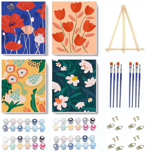 4 Pack Paint by Numbers Kit for Adults Framed Canvas with Wooden Easel