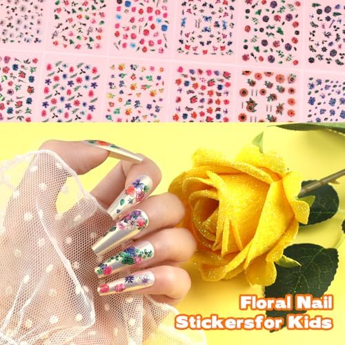 Teenitor 50 Sheets Flower Nail Stickers for Nail Art, Floral Nail Decals Nail Art Stickers for Kids, Butterfly Fingernail Stickers for Women, Cute 3D Self Adhesive Nail Decor for Spring Summer