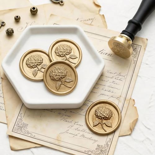 UNIQOOO 3D Embossed Relief Hydrangea Flowers Wax Seal Stamp with Wooden Handle, Floral Botanical Theme Vintage Brass Stamp for Wedding Invitation, DIY, Gift Wrap, Envelopes, Christmas Card