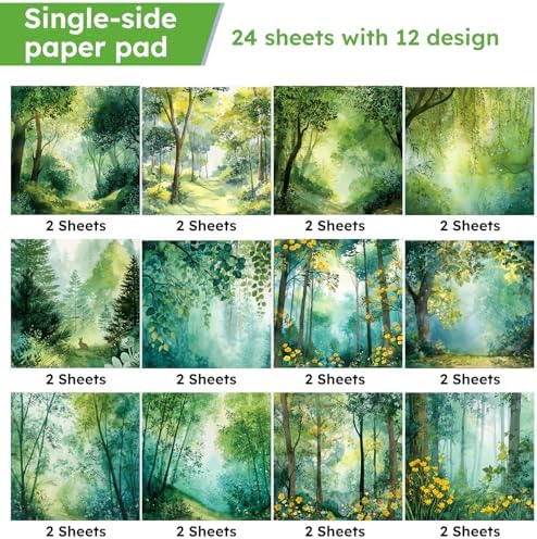 Green Forest Scrapbooking Paper Pad - 24 Sheets 6'' x 6'' Aesthetic Scenery Patterned Decorative Collage Decoupage for Wrapping Folded Supplies Gift Cardstock DIY Crafts Photo Album