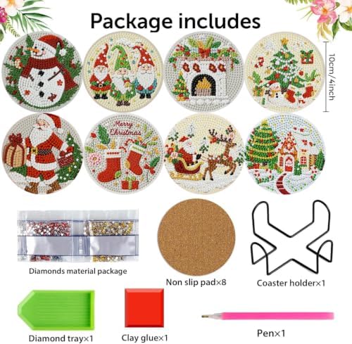 Christmas Cow Diamond Art Coasters Kit, 8 Pieces Diamond Painting Coasters